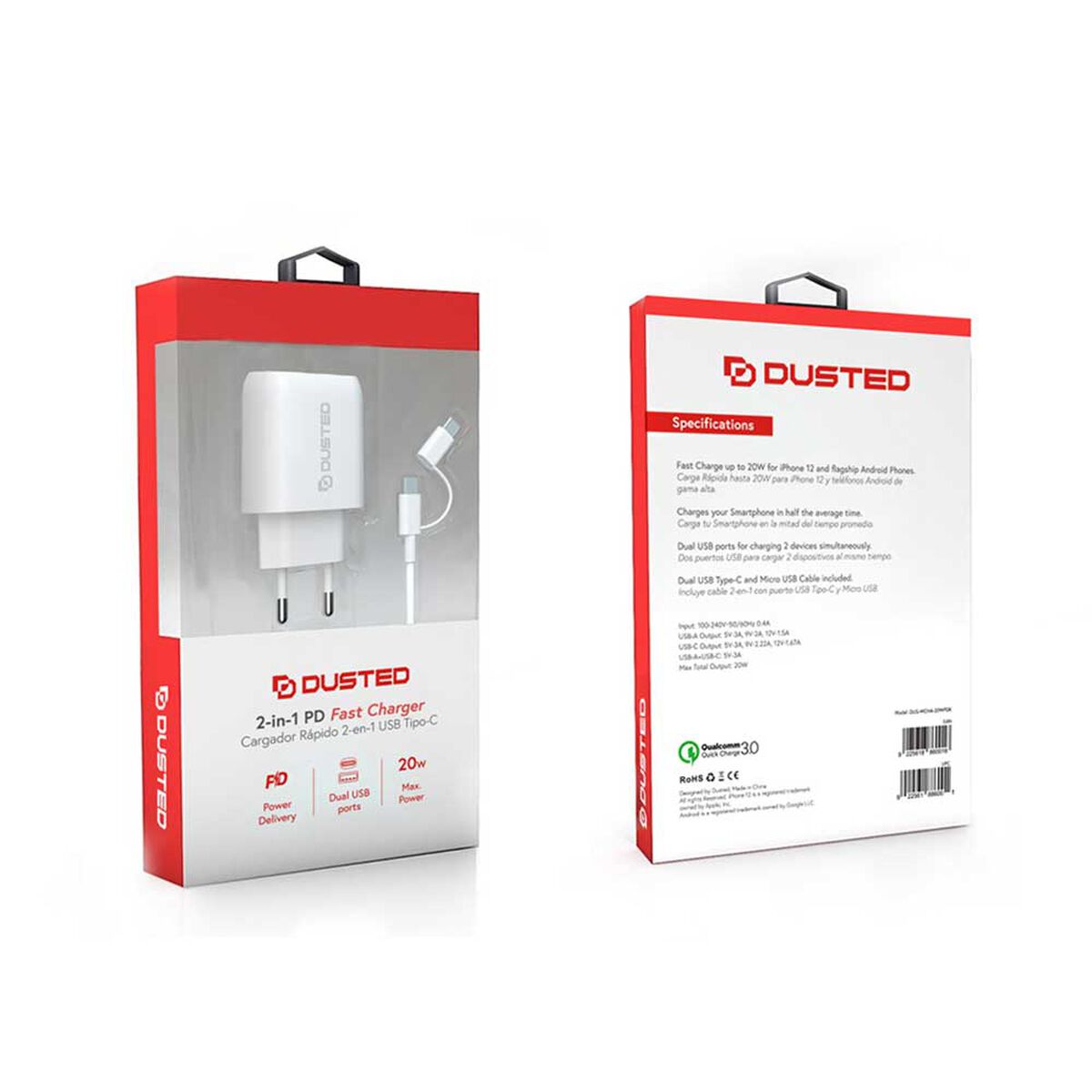 Cargador USB 2 en 1 Dusted Tipo-C y Tipo-A 20W Blanco