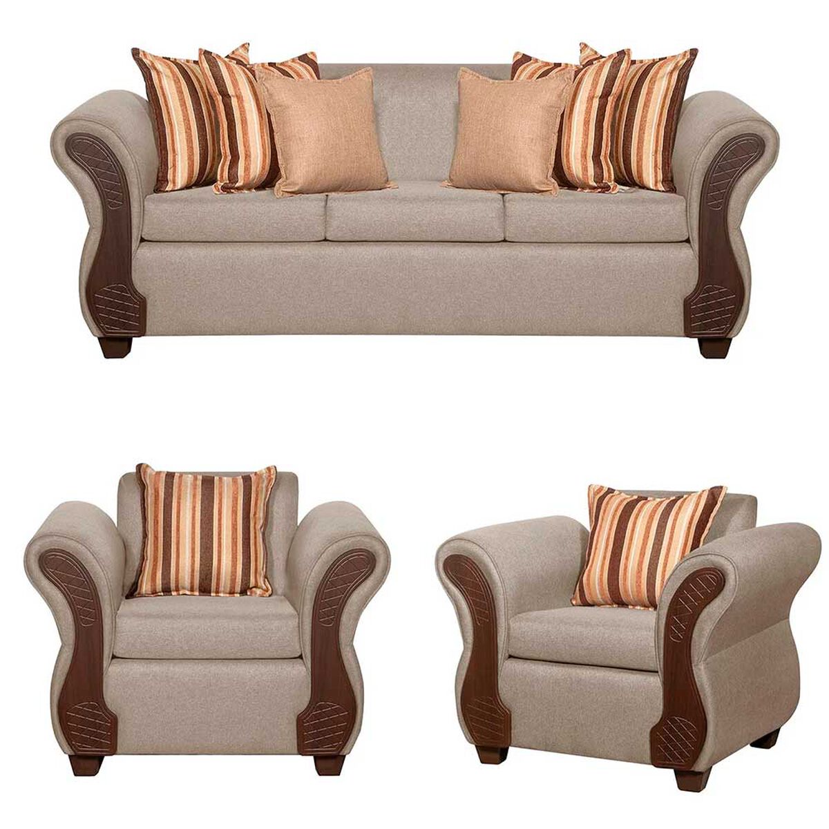 Juego de Living Ruzam Mobel Marsella Sofá 3 Cuerpos + Dos Sillones 1 Cuerpo Lino Beige