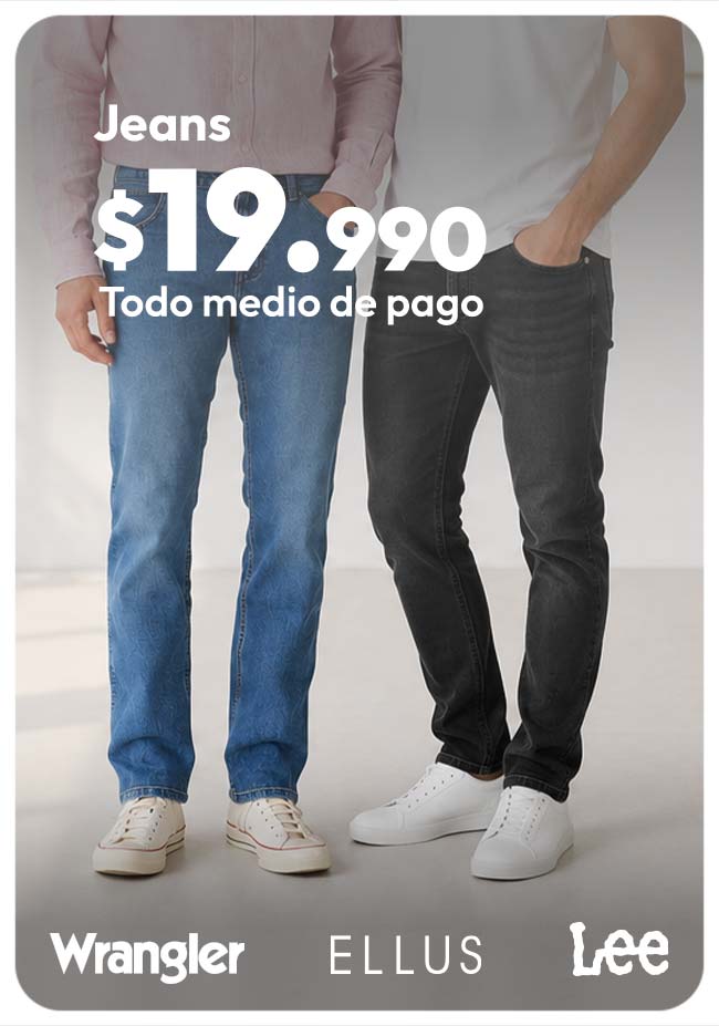 Jeans wrangler, ellus y lee a $19.990