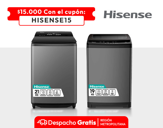 Usa tu cupón Hisense15y obtendrás $15.000 de descuento pagando con todo medio de pago + DG en RM