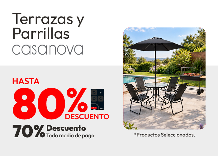 Terrazas y Parrillas hasta 80% de dcto TLP y hasta 70% de dcto TMP / productos seleccionados
