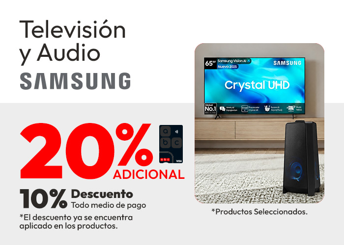 Televisión y audio samsung 10% de dcto tmp y 20% de dcto tlp
