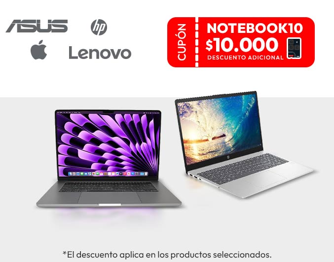 Usa tu cupón NOTEBOOK10 y obtendrás $10.000 de descuento pagando con tu tarjeta abc, La Polar o ABCVISA