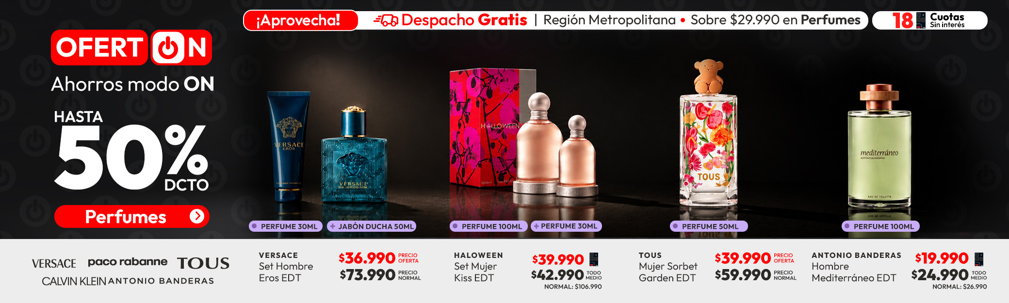 Perfumes hasta 50% dcto + despacho gratis sobre $29.990 Rm