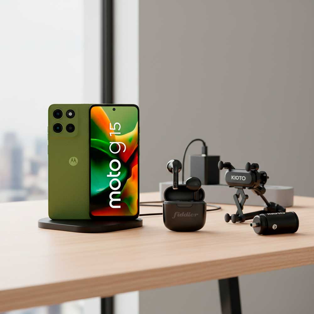 Combo Celular Motorola Moto G15 4G 128GB 6,7" Verde + Audifono Fiddler Colors Negro + Set Cargador Auto Kioto